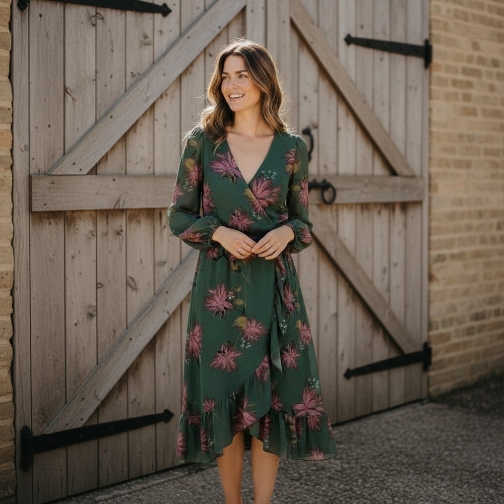 Ava & Viv Emerald Green Floral Wrap Maxi Dress with Purple Blooms